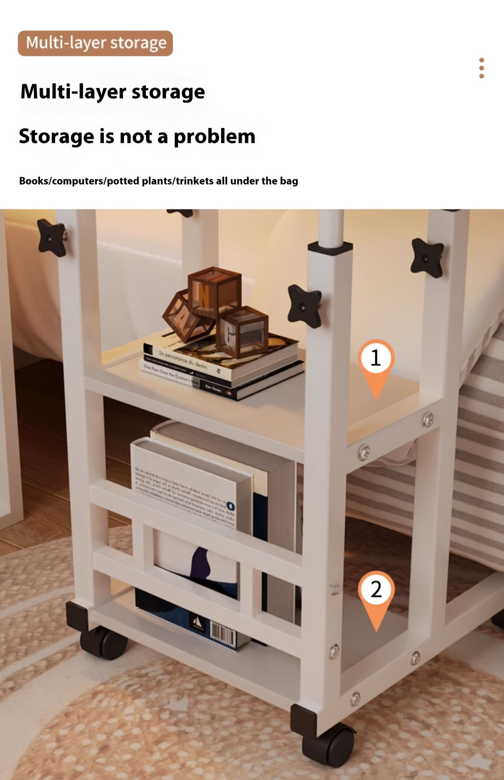 [Mobile Laptop Table] Height-Adjustable Mobile Laptop Table - 4-Wheel Rolling Study/Workstation Desk with Dual Shelves for Bedside/Dorm/Office Use, Sturdy Modern Finish (Space-Saving Design)