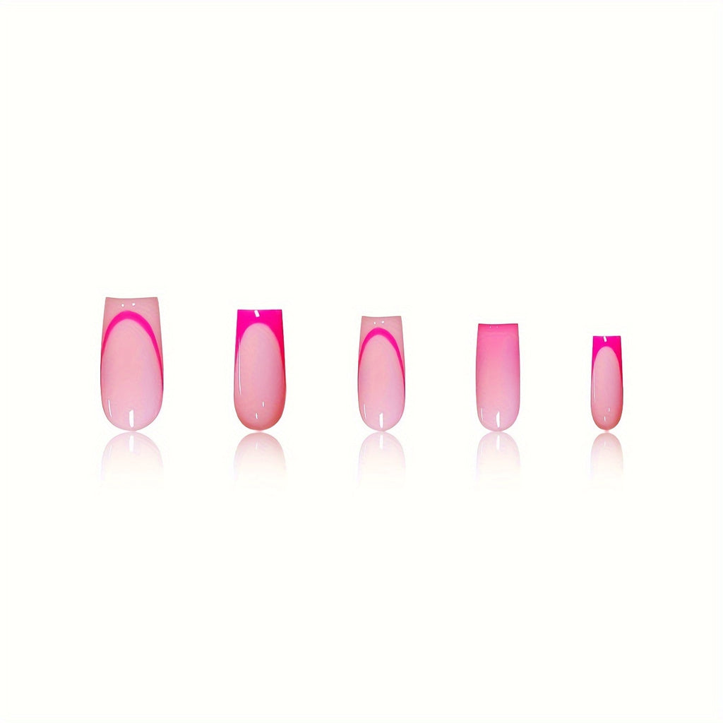 24pcs Pink Square Medium Length Press-On Nails with Glossy French Gradient Design, Fashionable Sweet Simple Style, Removable for All Women and Girls, Includes 1 Gel and 1 Nail File