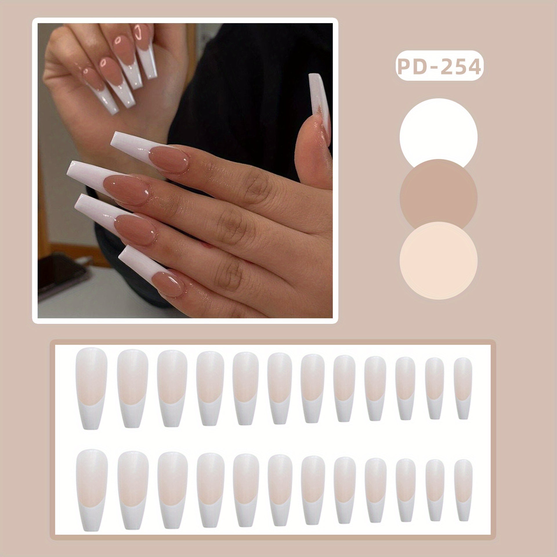 254 Round Art French-Style Fake Nail Tips Wearable Nail Stickers Ready-Made Nail Stickers 24pcs, Nail Art, Ballet Shape Nails, French Manicure, Reusable Nails, Durable Stickers, False Nails, Press On Nails, Beauty Lovers, Par