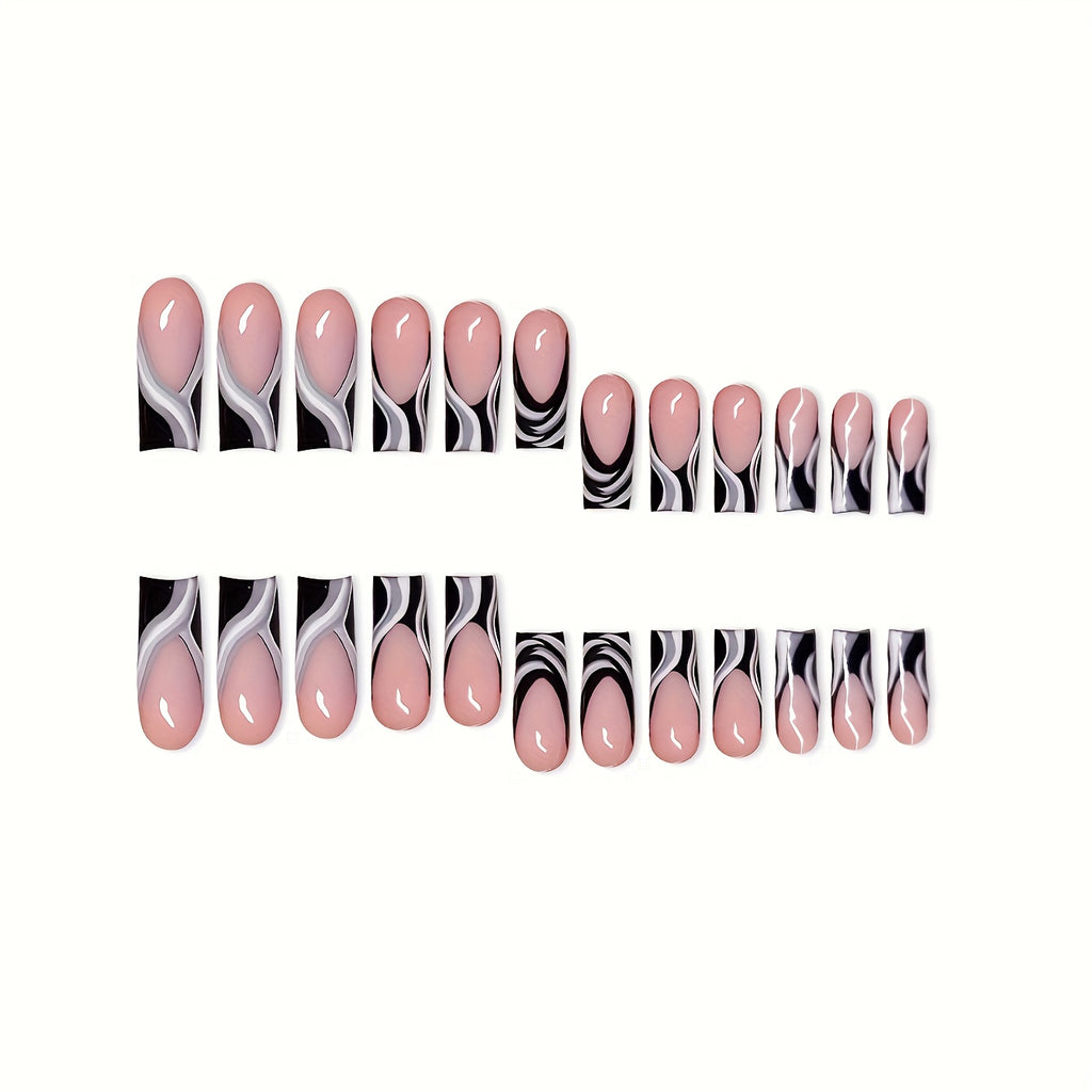 [Trendy Nail Designs] Box of 24 European & American Press-On Nails, Gorgeous & Cool Mixed Black, White & Gray, High-End Design, Medium Square Style, Suitable for & Women, Daily Wear, Gift with 1 Jelly Glue & 1 Nail File, Quic