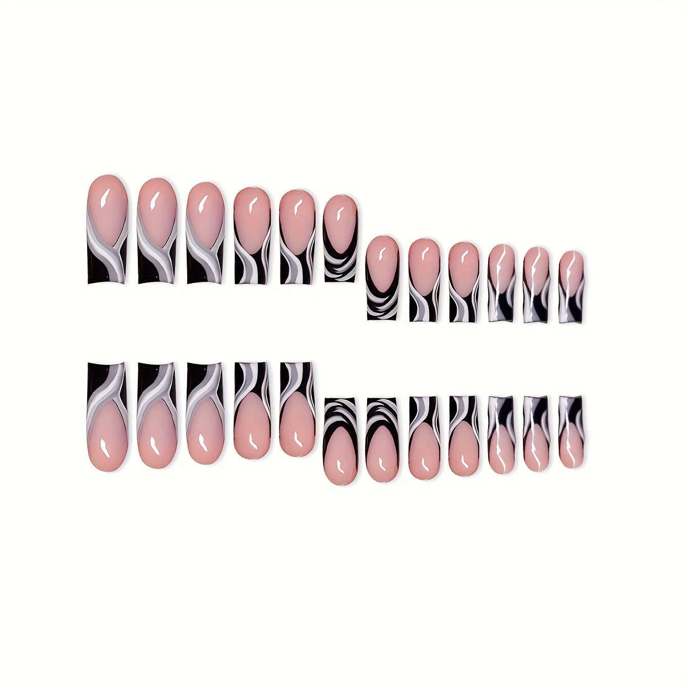 [Trendy Nail Designs] Box of 24 European & American Press-On Nails, Gorgeous & Cool Mixed Black, White & Gray, High-End Design, Medium Square Style, Suitable for & Women, Daily Wear, Gift with 1 Jelly Glue & 1 Nail File, Quic