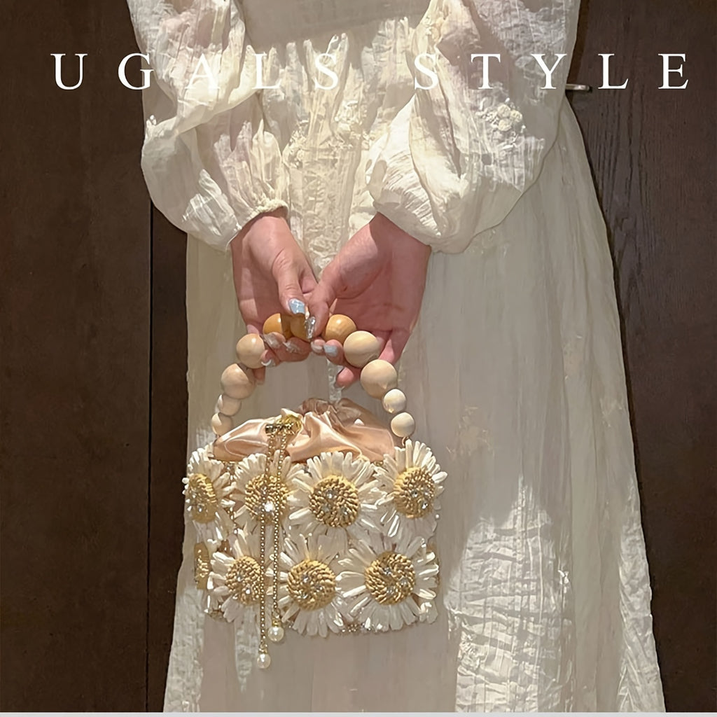 Luxury Evening Bucket Bag for Women | Floral Beaded Design with Rhinestone and Pearl Detailing | Fashion Drawstring Closure Crossbody with Metal and Messenger Accessory | Occasion-Themed with Inner Lining | Non-Washable | Cra