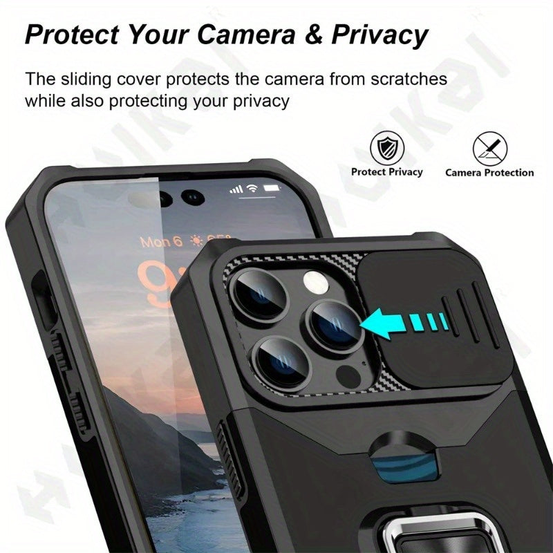 A Protective Case Suitable for Iphone 16, 15, 14, 13, 12, And 11 Pro Max And Plus Models, Featuring a Sliding Camera Slot And a Ring Stand.