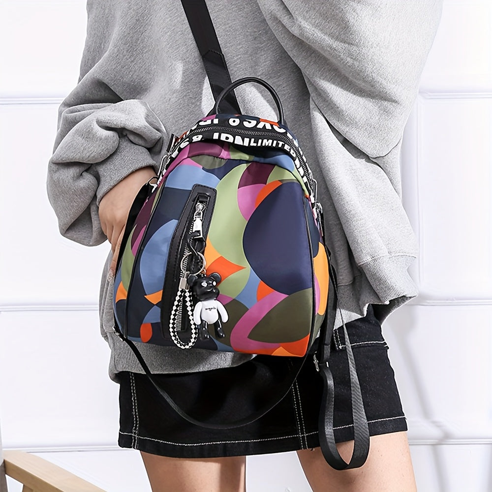 Women's Colorful Geometric Oxford Cloth Backpack - Multifunctional Handbag, Shoulder Bag & Crossbody Purse with Adjustable Straps, Zipper Closure & Bonus Teddy Bear Keychain Accessory, Versatile Travel Purse | Trendy Women's