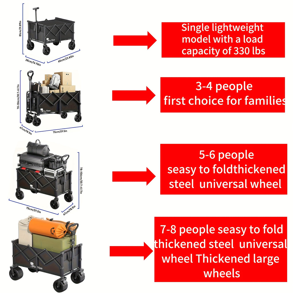 330-650 Lbs Large Capacity Camping Shopping Cart, All-Terrain Folding Trolley, Multi-Function Camping, Gardening, Beach Shopping Cart, Black Gardening Storage Rack, Rugged Design, Durable Tire Construction, Heavy-Duty Utility