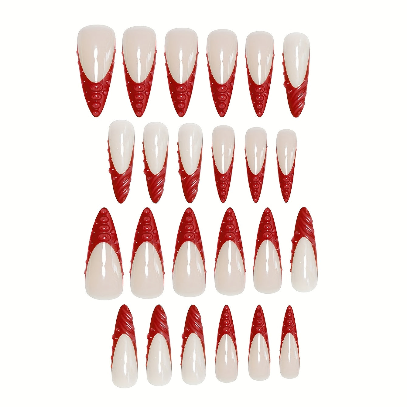 A Set of 24 Long Almond-Shaped False Nails French Style Bright Fiery Red Glossy Shiny Fashionable Spiral Moist Round Beads Suitable for All Women And. The Box Comes with a Nail Polish And Jelly Glue, Which Is Easy to Stick An