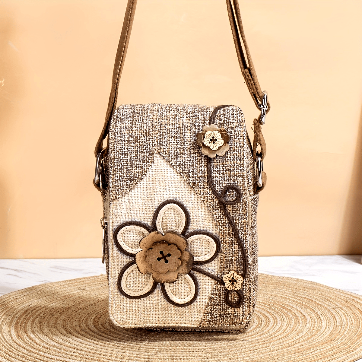 Women's Floral Design Phone Bag, Contrast Color Retro Style Crossbody Shoulder Bag With Adjustable Strap