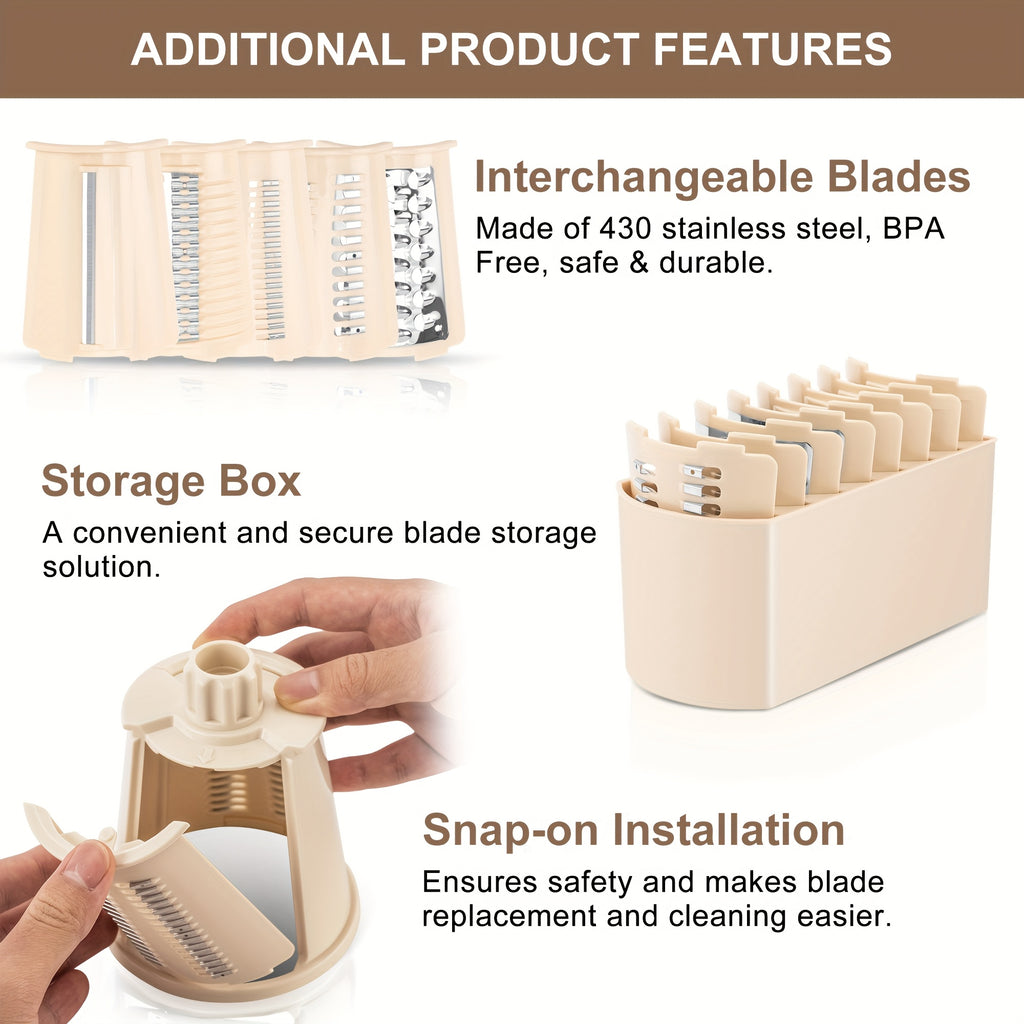 Rotary Cheese Grater With Handle - Vegetable Shredder With 5 Well-designed Blades & Strong Suction Base, Round Mandoline Slicer & Food Chopper For Kitchen, With Blade Storage Box(Beige, Retro Green)