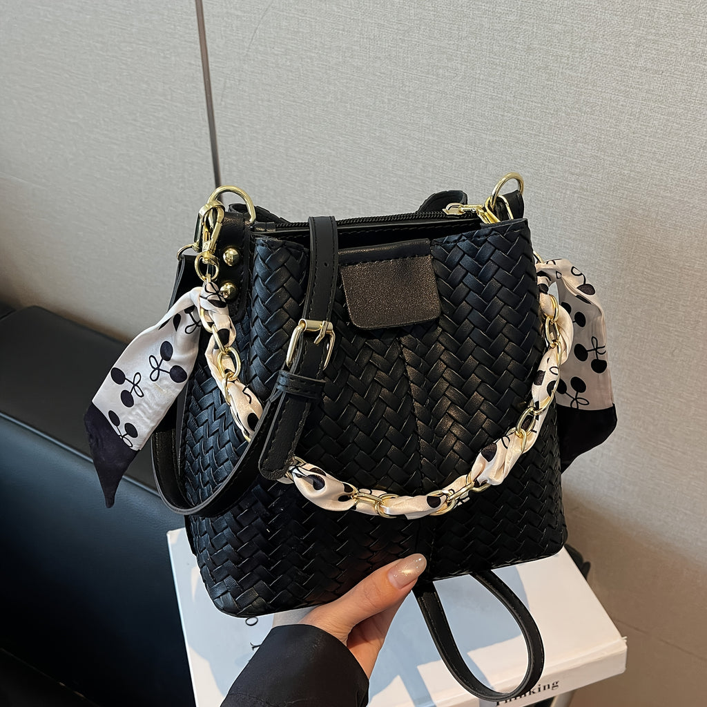 Women's Woven Tote & Bucket Bag - Convertible Crossbody/Handbag with Golden-Tone Hardware, Beige/Black Detachable Strap, Retro Woven-Pattern Shoulder Purse for, Casual & Formal Events (Adjustable, Snap Closure)