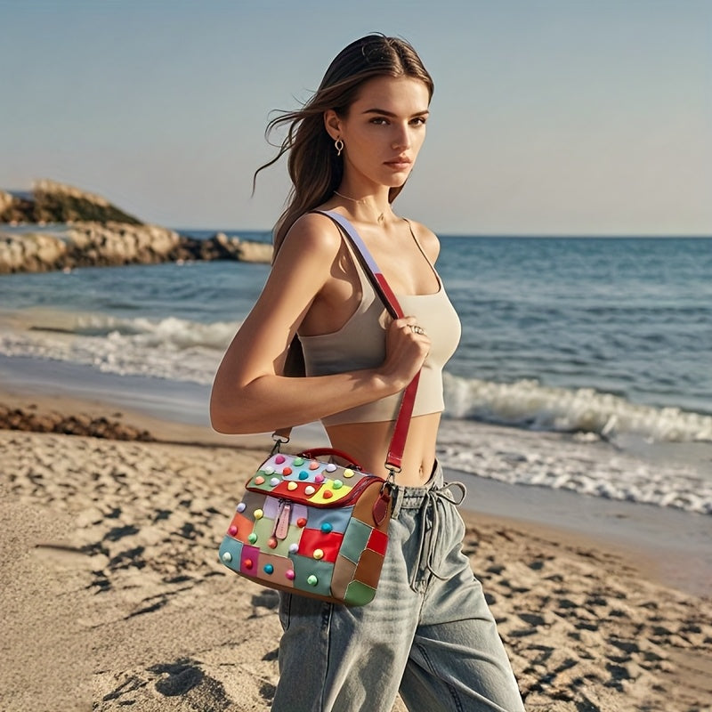 [Geometric Crossbody Bag] Light Brown Geometric Women's Crossbody Bag | Detachable Strap, Multi-Color Irregular Design, Zipper Closure, Spacious Tote with Back Pocket & Rivet Accents, Polyester Lining for Daily Commute & Casu