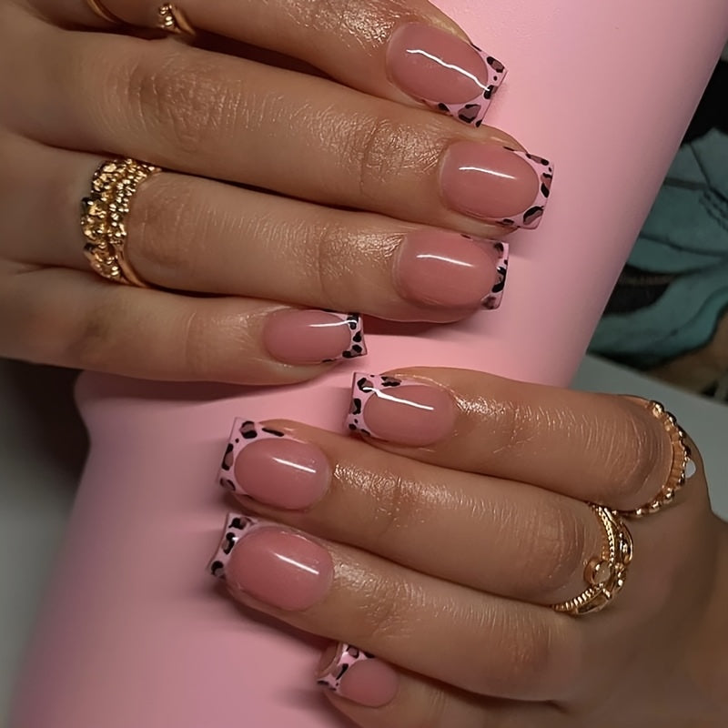 24pcs Short Square French Tip Press-On Nails with Glue - Pink & Reusable Fake Nails Suitable for Women, Parties, Weddings, Daily Wear - Easy Application, No to Nails