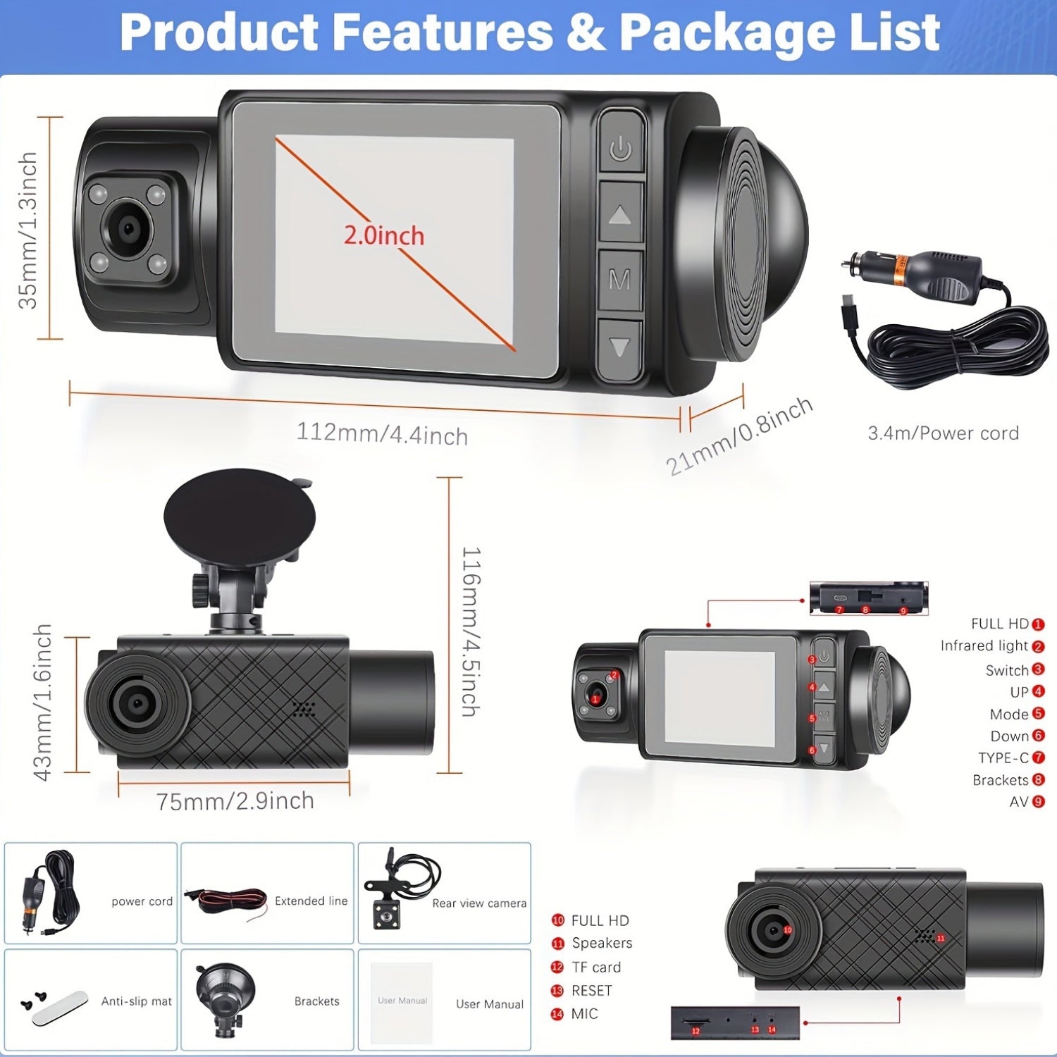 Driving Recorder, 3-Channel Driving Recorder, 4K+1080P Front And Rear Driving Recorders, Triple Car Driving Recorder, 512GB Card And 32GB Card, Cardless Driving Recorder, 160P Full HD, G Sensor, 170 ° Wide-Angle Instrument P