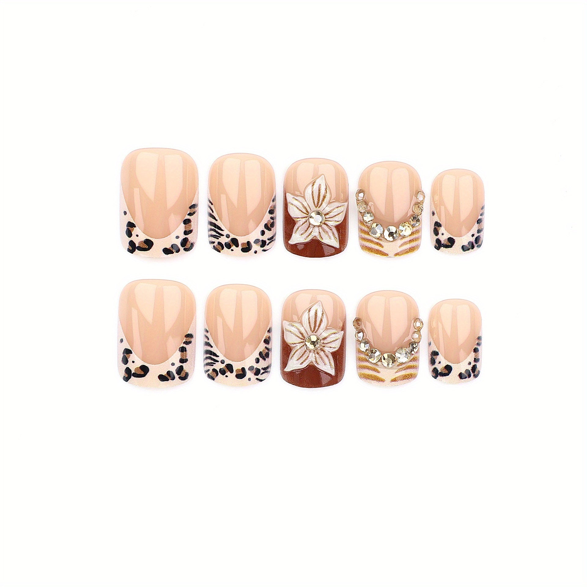 24pcs Brown Leopard Print Pointed Press-On Nail Patches - Ultra-Short Square, Golden Bead Nail Edge Inlay, 3D Brown Carving, Full Coverage Nails, Including (A Piece of Jelly Glue And a Nail File), Perfect Manicure Choice for