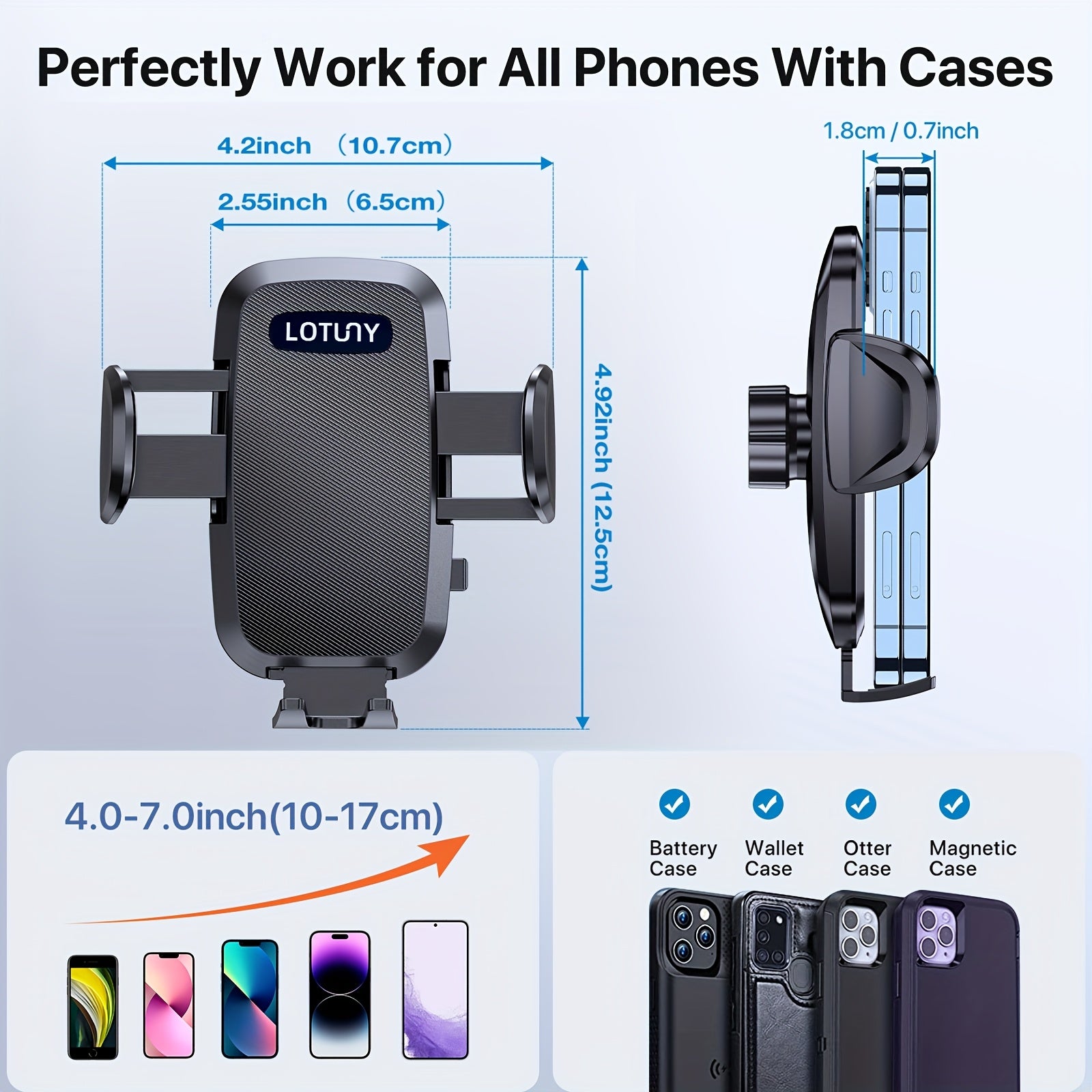 LOTUNY Car Phone Holder, Universal Hands-Free Phone Holders for Your Car, 3-in-1 Phone Mount for CarAir Vent Compatible with for iphone for samsung Google and All 4" to 7, 2" Phones