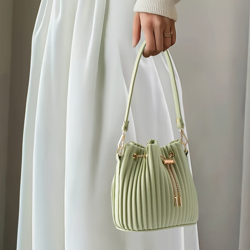 [Versatile Purse, Chic Design] Women's Shoulder Bag with Detachable Chain Strap - Elegant Synthetic Purse, Drawstring Closure, for Everyday, Formal, Party - Available in Beige, Gray, Pink, Green, White, Purple, Black - Women'