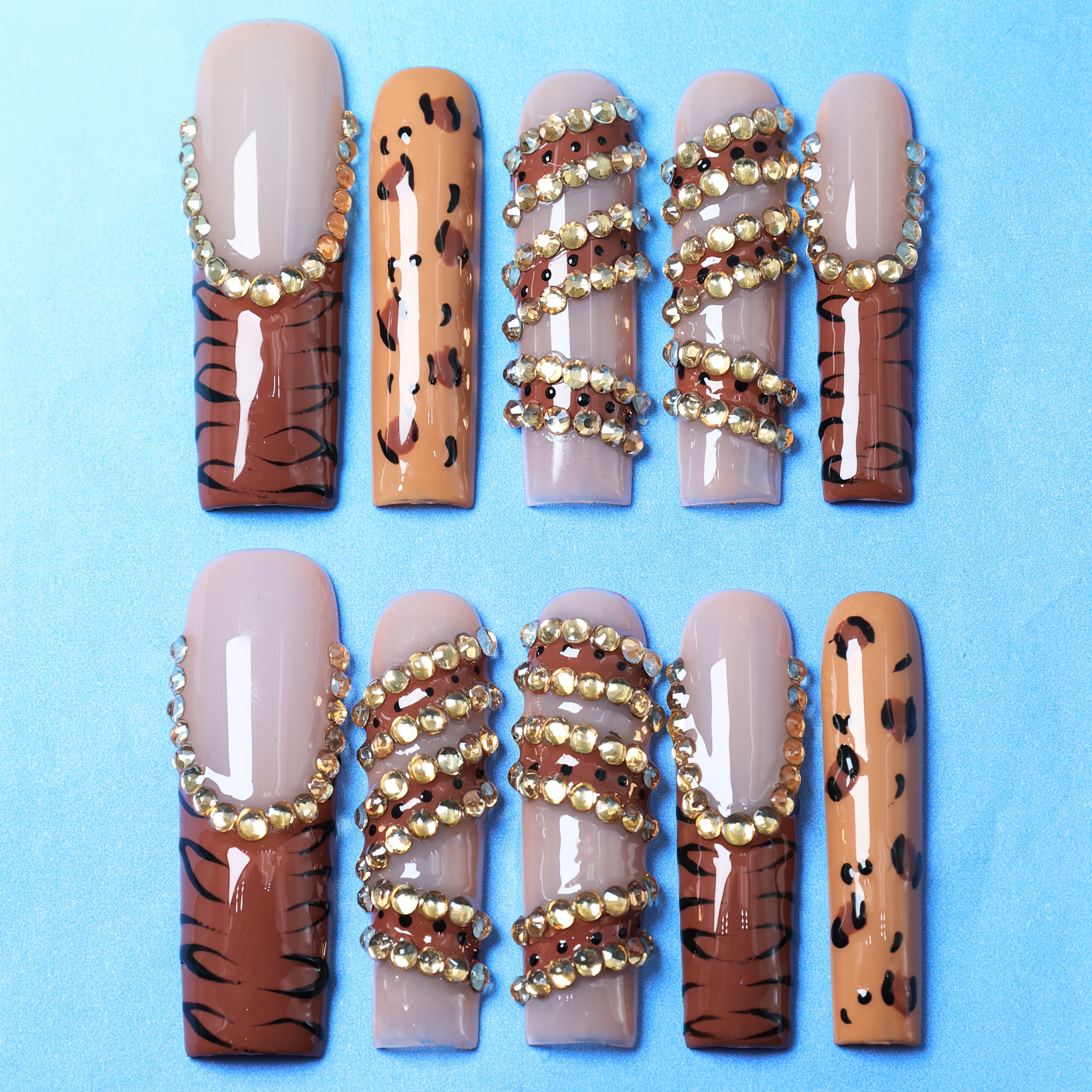 10pcs Handmade Press-On French Nails - Leopard Print & Striped Design with Sparkling Rhinestones, Ultra-Long Square Glossy Fake Nails for Cosplay, Weddings, Christmas - Perfect Gift for Mom, Nail Decorations, Party Accessorie