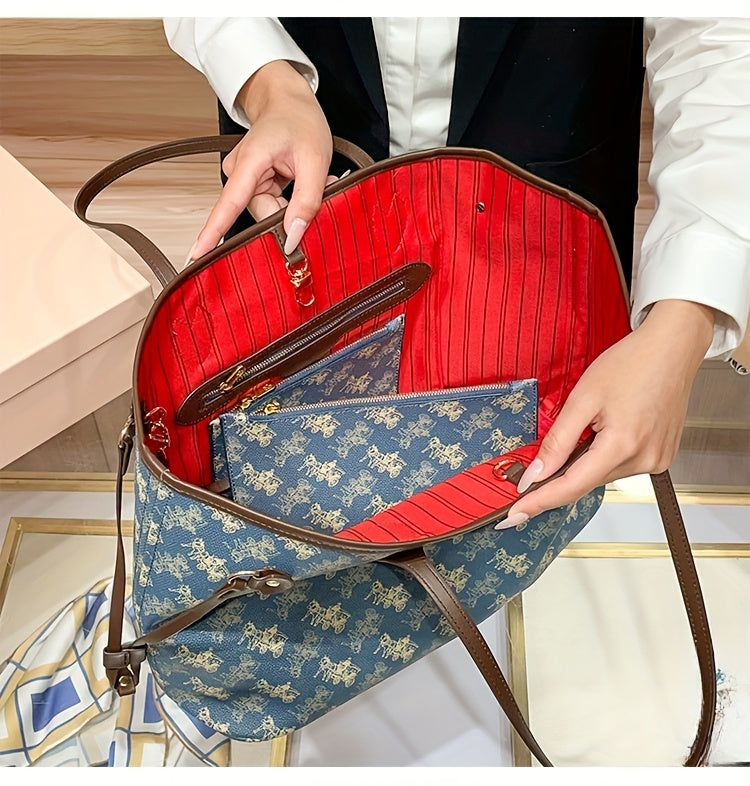 Elegant Floral Tote Bag with Red Interior, Large Capacity, Golden-Tone Hardware, And Detachable Shoulder Strap - Ideal for Daily Travel And Commuting, Travel Tote Bag | Floral Print Tote | Durable Handles, Tote Bag