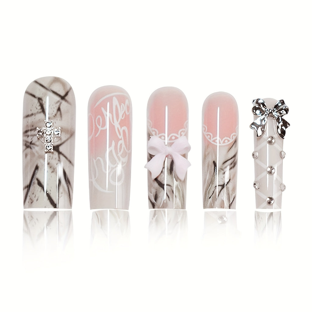 24pcs Long Teardrop Fake Nails Set with Sweet Cool Two-Tone Bow, Romantic Lace Edge Artistic Striped Sparkling Rhinestone Suitable for All Women and s - Includes Nail Files and Jelly Glue for Easy Application
