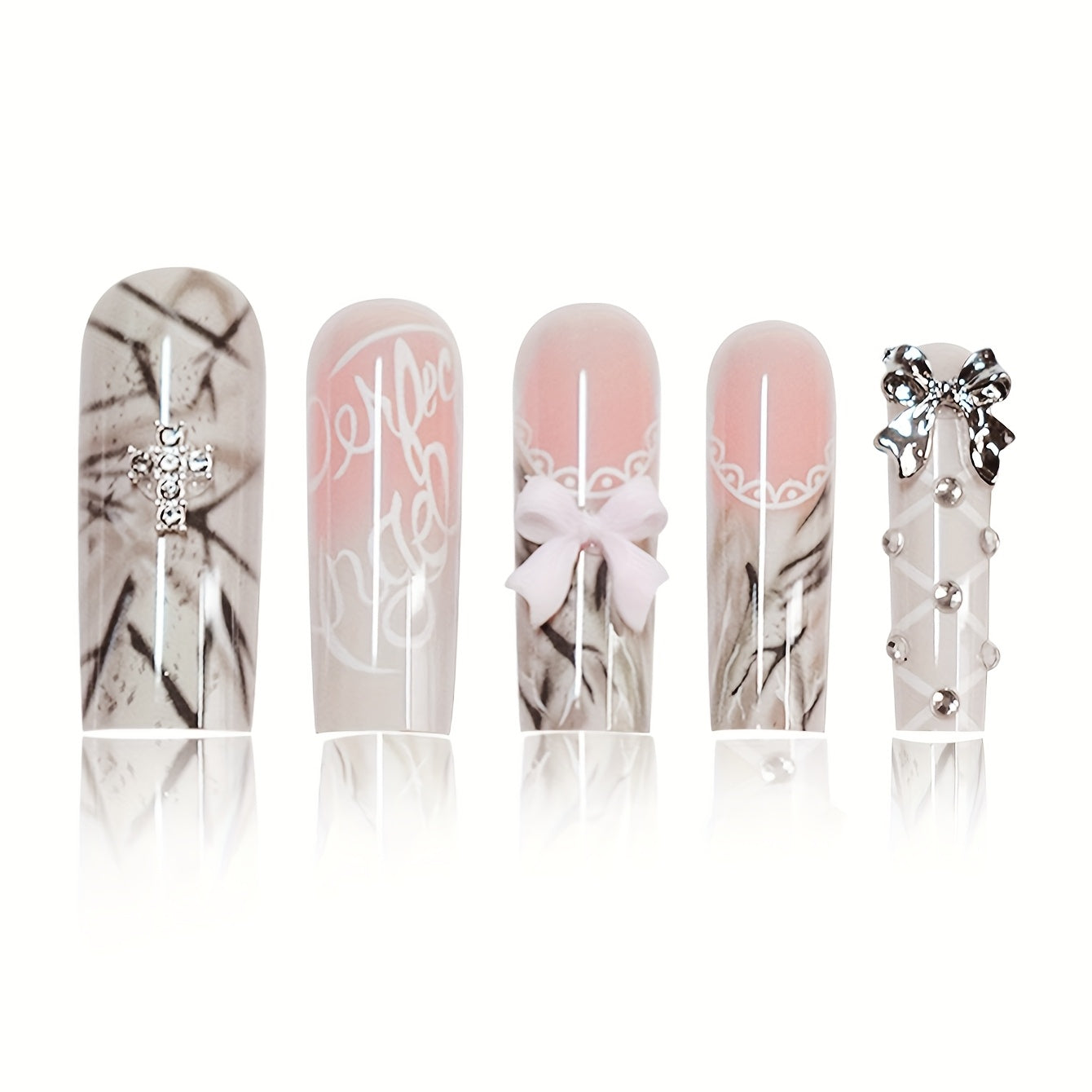 24pcs Long Teardrop Fake Nails Set with Sweet Cool Two-Tone Bow, Romantic Lace Edge Artistic Striped Sparkling Rhinestone Suitable for All Women and s - Includes Nail Files and Jelly Glue for Easy Application