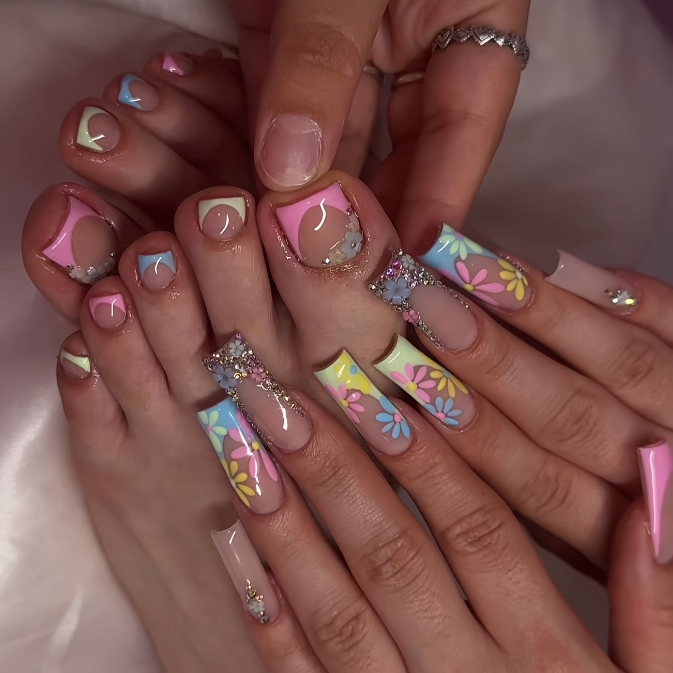 48-Piece Mixed Color System Press-On Nails Set with Square Shape, Long Length, Floral and Glitter Patterns, Glossy Finish - Includes Nail File and Double-Sided Adhesive for Women and Girls.