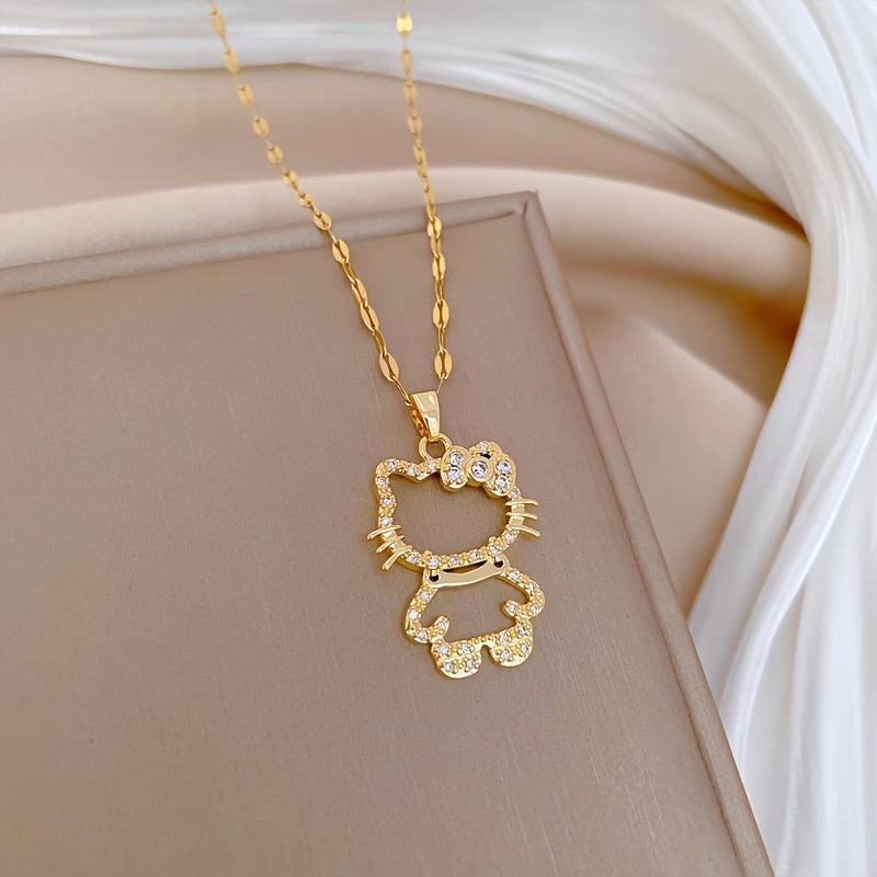 [Hello Kitty Charm Necklace] Sanrio for hello kitty Charm Necklace - Elegant Titanium Steel Lockbone Chain with Sparkling Cubic Zirconia Pendants, Perfect for Daily Wear & Special Occasions, Ideal Valentine's Day Gift, Casual