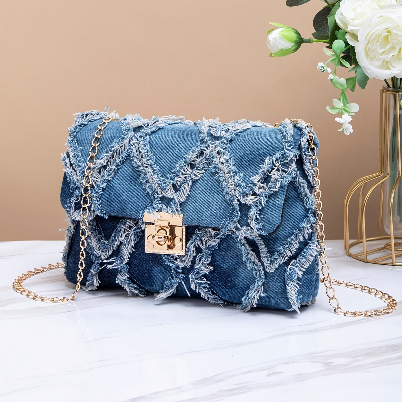 Blue Vintage-Inspired Denim Chains Crossbody Bag with Golden-Tone Hardware, Detachable Chain Strap & Tassel Accents - Elegant Canvas Purse for Everyday Casual or Street Style, Fashionable Accessory | Elegant Accessory | Decor