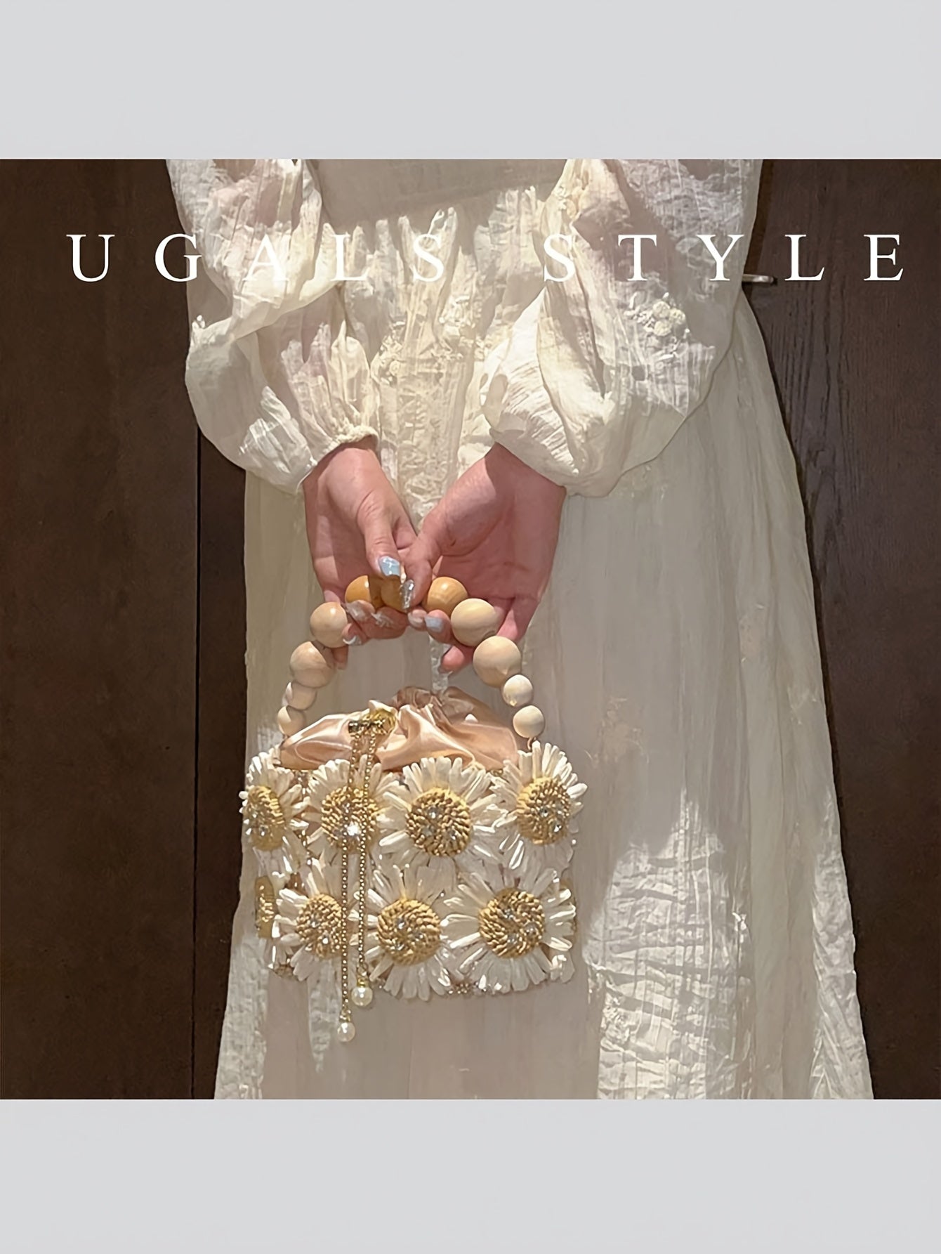 Luxury Evening Bucket Bag for Women | Floral Beaded Design with Rhinestone and Pearl Detailing | Fashion Drawstring Closure Crossbody with Metal and Messenger Accessory | Occasion-Themed with Inner Lining | Non-Washable | Cra