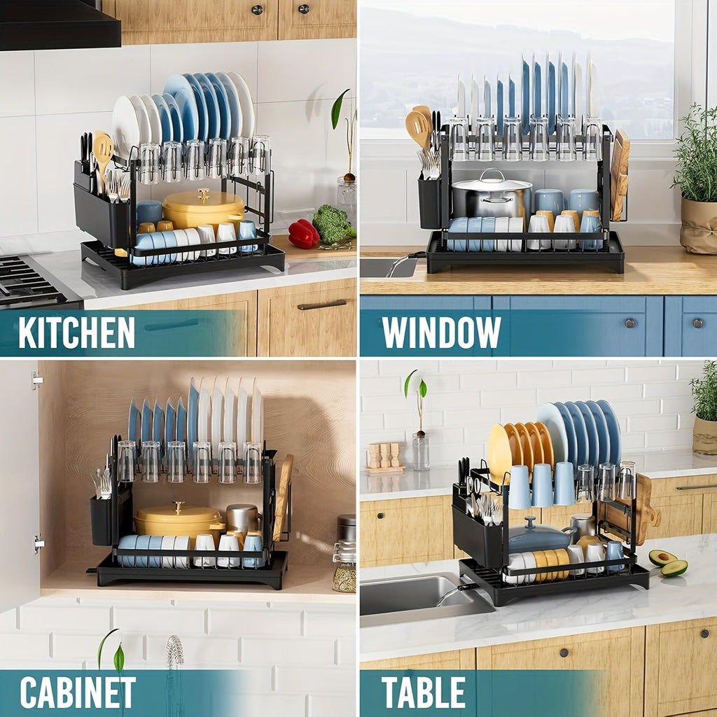 2-Tier Heavy-Duty Metal Dish Drying Rack with Drainboard - Space-Saving Black Kitchen Organizer with Upper & Lower Shelves, Utensil Holder & Cup Hooks, Compact Dish Drainer for Small Kitchens, Durable Rust-Resistant Design fo