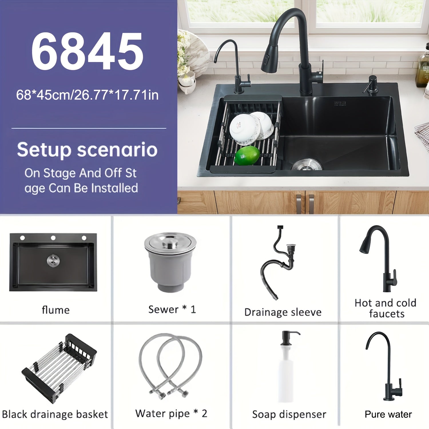 Digital Display Waterfall Sink, Single Bowl Kitchen Sinks, Stainless Steel Bar Sink With Pull Down Sprayhead Faucet, Smart Modern Kitchen Sink, Full Set Of Accessories, Gun Gray & Brushed Golden, 1 Set