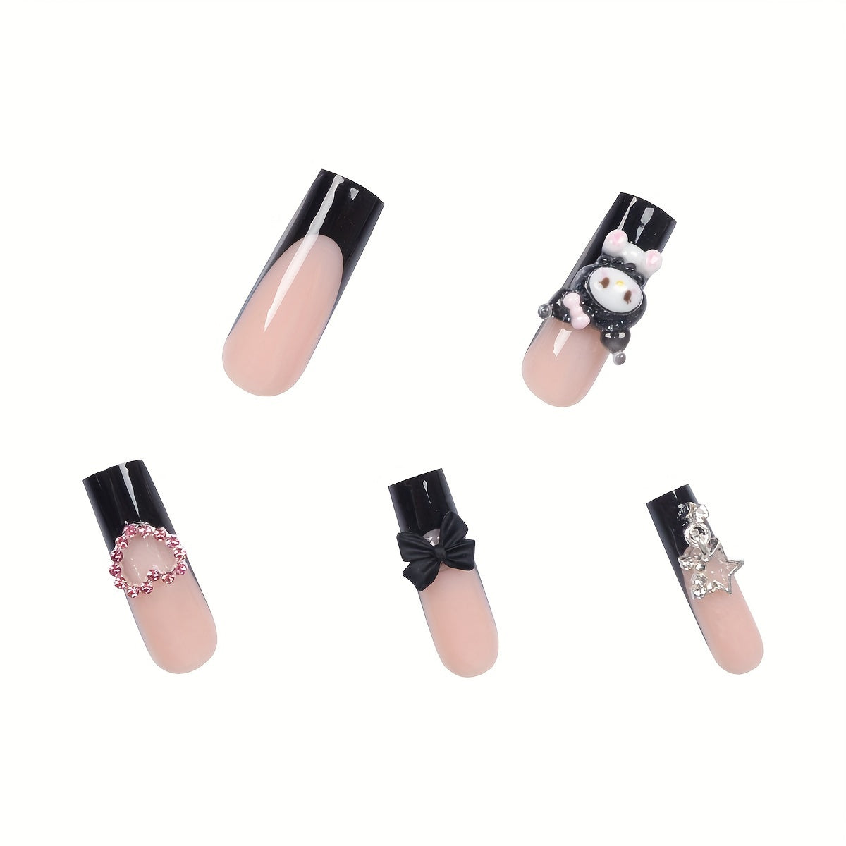 24pcs Long Coffin Nail Stickers Sanrio Black French Cute 3D Rhinestone Pink Heart Bow Silvery Star Charm Fake Nails Set with Jelly Glue and Scraper, Suitable for Daily Use, Parties, and Gatherings