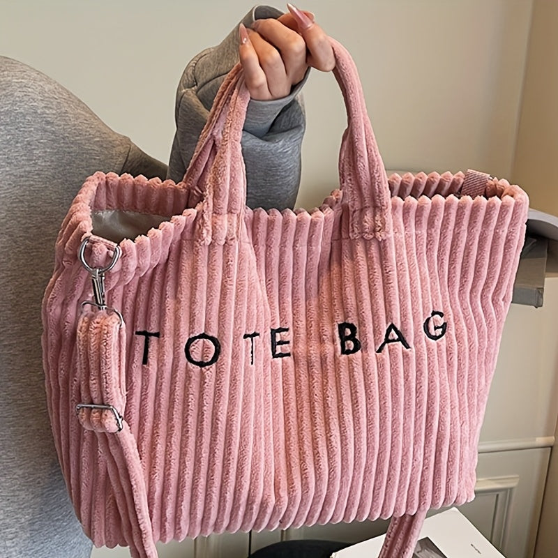 Women's Fashion Solid Color Corduroy Large Capacity Tote Bag, Letter Pattern with Contrast Design Adjustable Shoulder Strap Crossbody Purse Versatile Simple Casual Sling Classic Square Work Handbag for Office Shopping Dining
