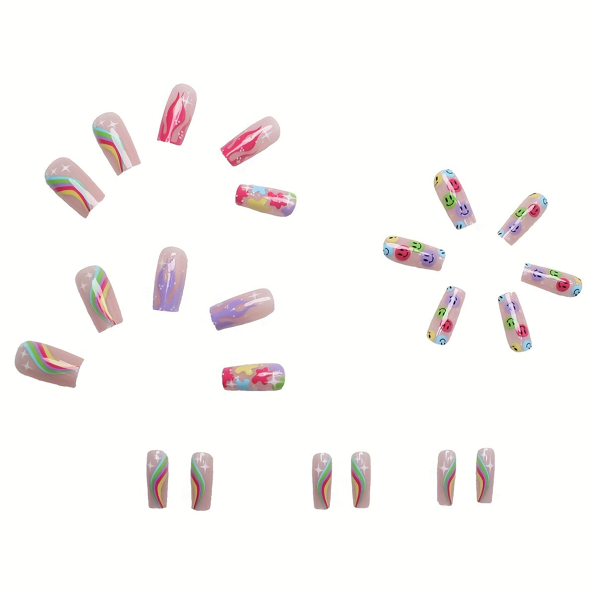24pcs Colorful Smile & Rainbow Clouds Press-On Nails, Mid-Length Oval Fake Nails with Glossy Finish - Stripe & Flame Patterns, Includes Application Tool, Ideal for Daily Wear