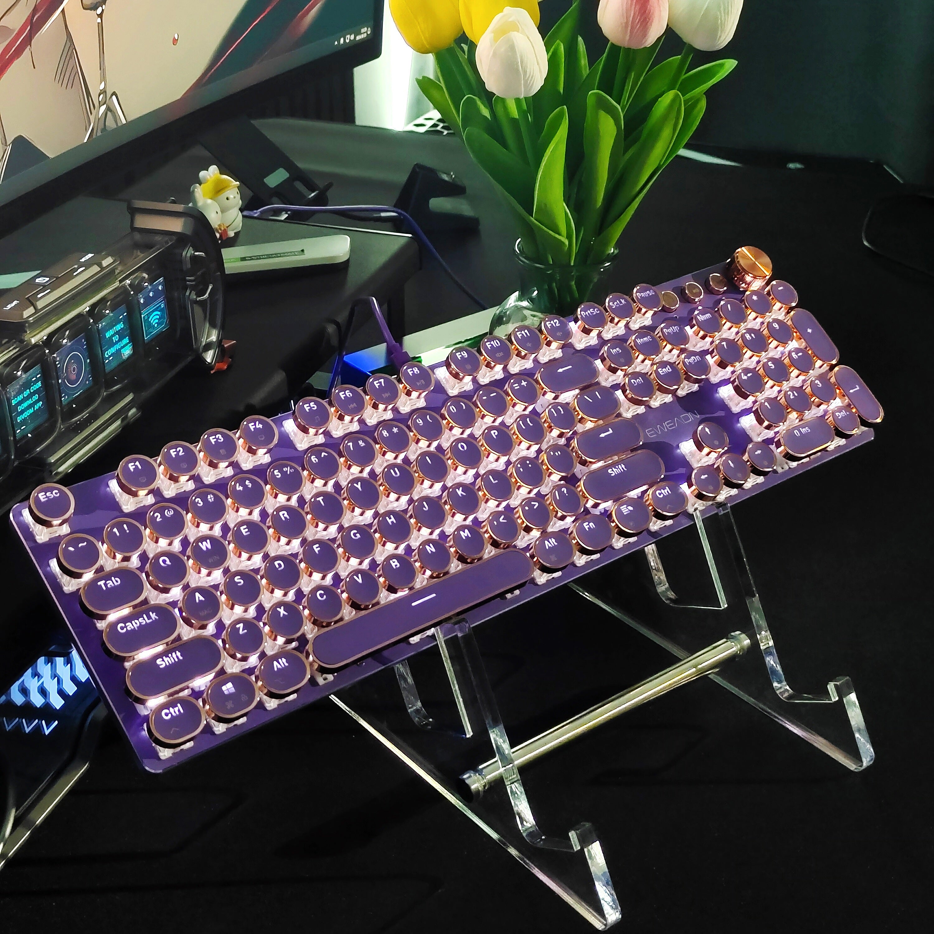 [Retro Typewriter Keyboard] EWEADN V20 Retro Typewriter Mechanical Gaming Keyboard | Full Size 104 Keys, Purple & Golden Vintage Design, LED Backlit, Pink Switches, Ergonomic Anti-Splash, Multimedia Knob, USB Wired for PC/Lap