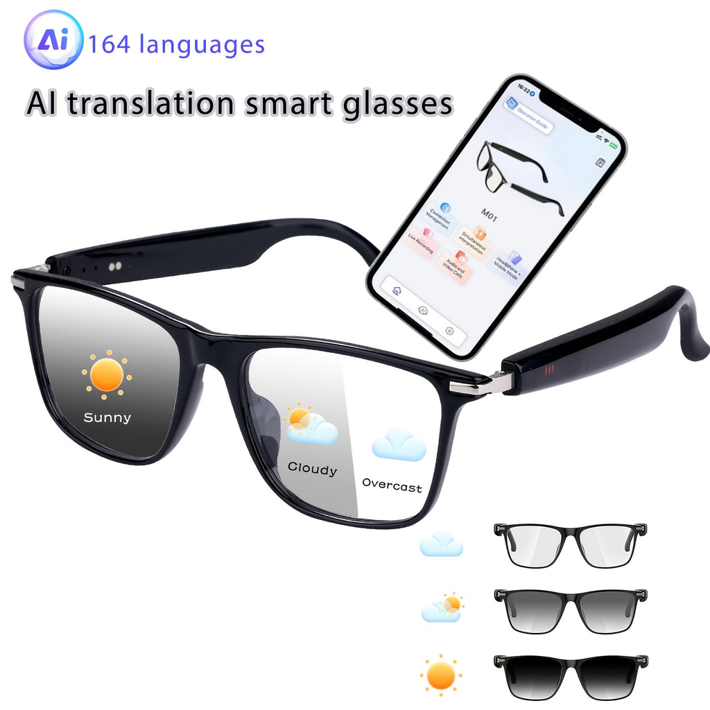AI Smart Glasses with 160-Language Real-Time Translation & Chat GPT System, Built-in Microphone/Speaker, HD Voice Calls & HIFI Music, Physical Color-Changing Lens, Wireless, High Quality, Magnetic Charging, Long-Lasting Batte