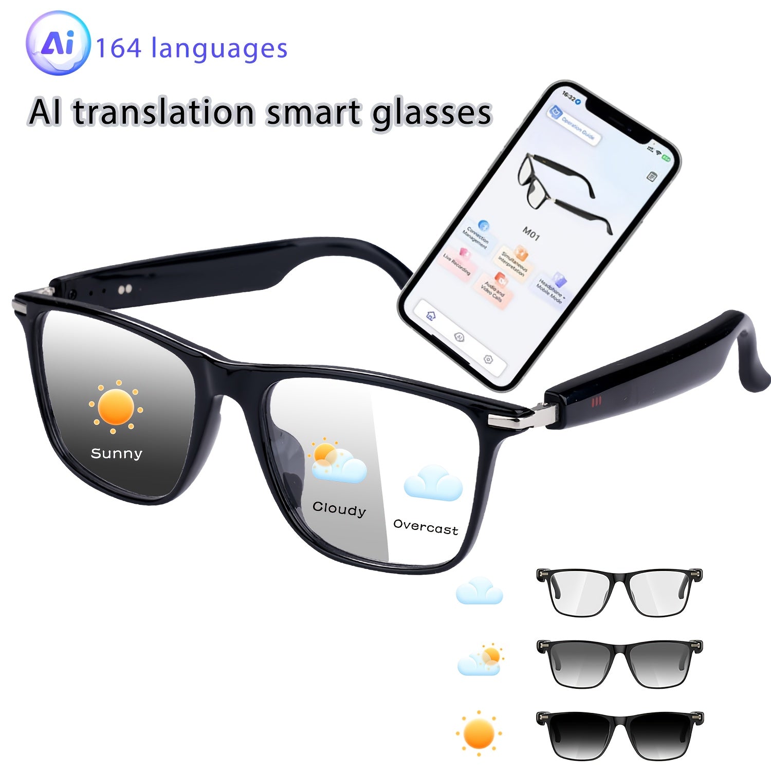 AI Smart Glasses with 160-Language Real-Time Translation & Chat GPT System, Built-in Microphone/Speaker, HD Voice Calls & HIFI Music, Physical Color-Changing Lens, Wireless, High Quality, Magnetic Charging, Long-Lasting Batte
