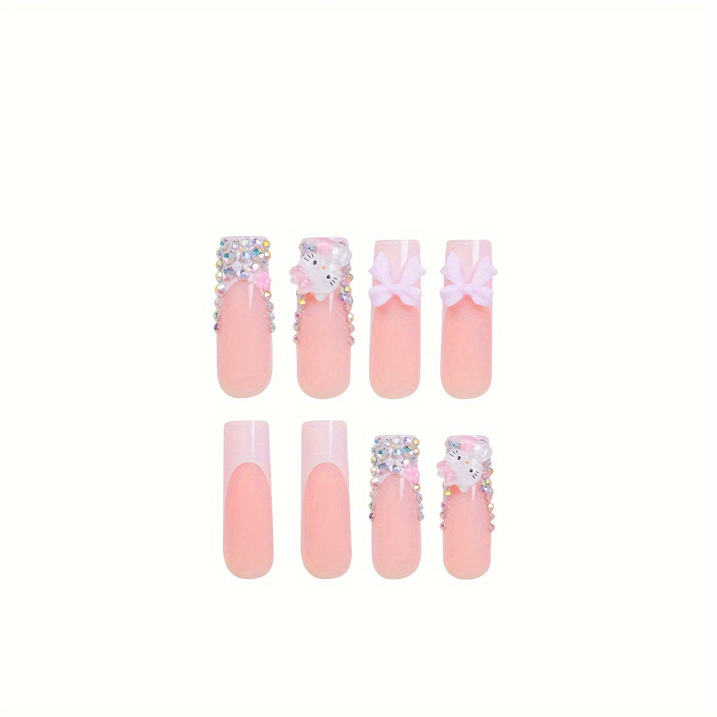 24-Piece Set of Super Long Square Shaped Glossy Press On Nails - Featuring Hello Kitty 3D Glitter Charms, Pink Floral Patterns, and Bow Embellishments for Glamorous Daily Use, Dates, and Parties - Includes Easy-Apply Jelly Ad