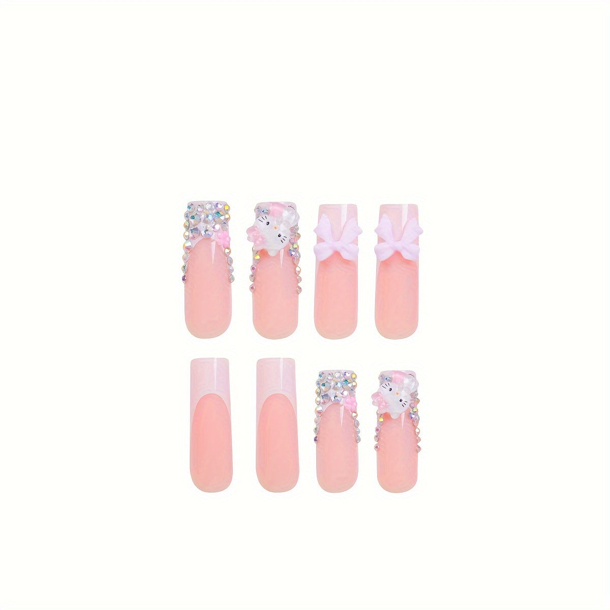 24-Piece Set of Super Long Square Shaped Glossy Press On Nails - Featuring Hello Kitty 3D Glitter Charms, Pink Floral Patterns, and Bow Embellishments for Glamorous Daily Use, Dates, and Parties - Includes Easy-Apply Jelly Ad