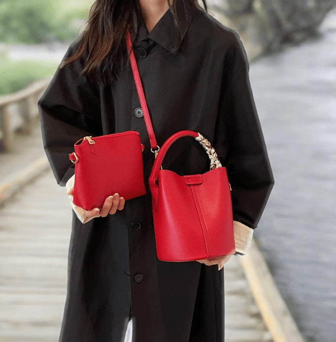 Designer Fashion Red Bucket Bag for Women, Spring/Summer, Solid Color, Magnetic Closure, Hand Wash, with Lining, Messenger Shoulder Bag