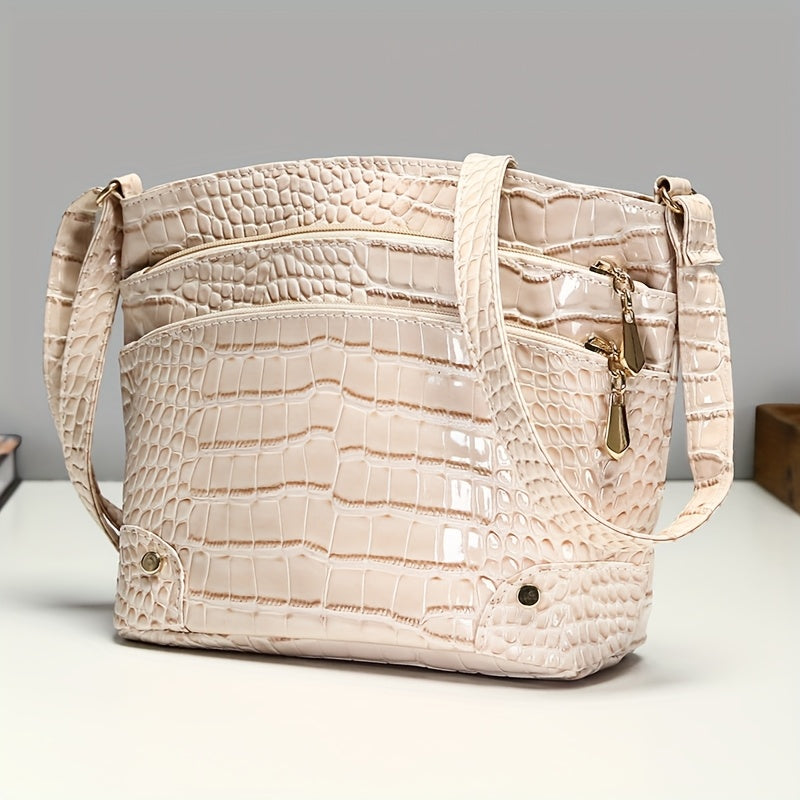 Shiny Crocodile Pattern Women'S Bag, PU Soft Shoulder Bag, Multi-Layer Crossbody Bag, Stylish And Versatile Large Capacity Bucket Bag.