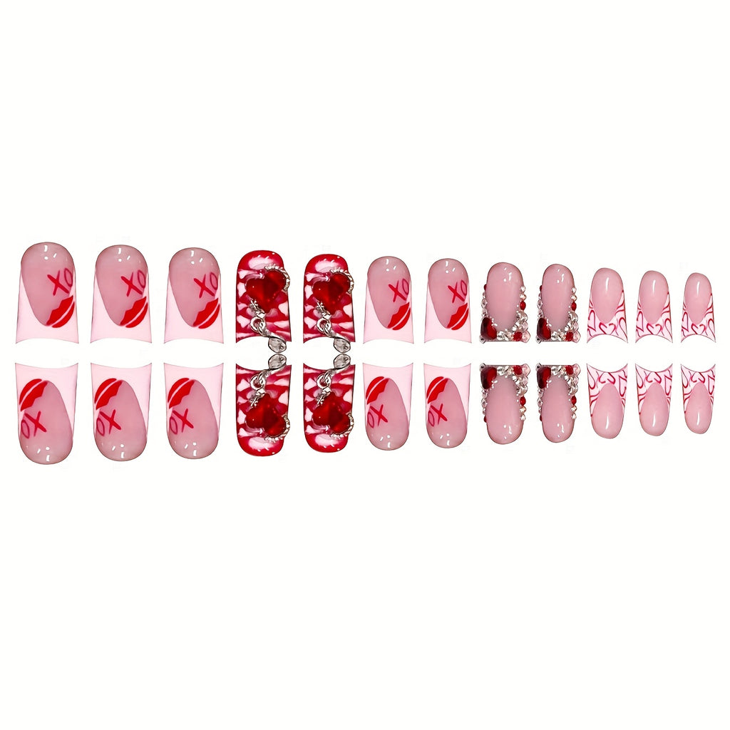 [24pcs Luxury Press-On Nails] 24pcs Luxury Red Duckbill Press-On Nails Set | French Romantic Valentine's Day Sweet Heart & Red Lip Gems, Short Length, Glossy Finish, Easy to Apply with Nail File & Jelly Glue Included