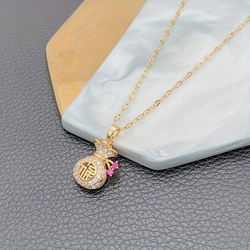 Fashion Money Bag Pendant Necklace for Women - Alloy, Yellow, Synthetic Cubic Zirconia, Fashion Themed, Suitable for Ages 15+ - Elegant Non-Plated Korean/Japanese-Inspired Design with Lucky Fu Bag Charm