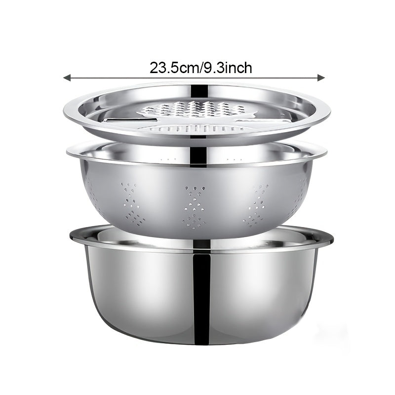 3pcs Stainless Steel Kitchen Set with Integrated Grinder, Multifunctional Filter and Mixing Bowl - Ideal for Cleaning and Slicing Fruits, Vegetables, Cheese | Food Safety with Drainage System, Perfect for Home Cooking, Kitche