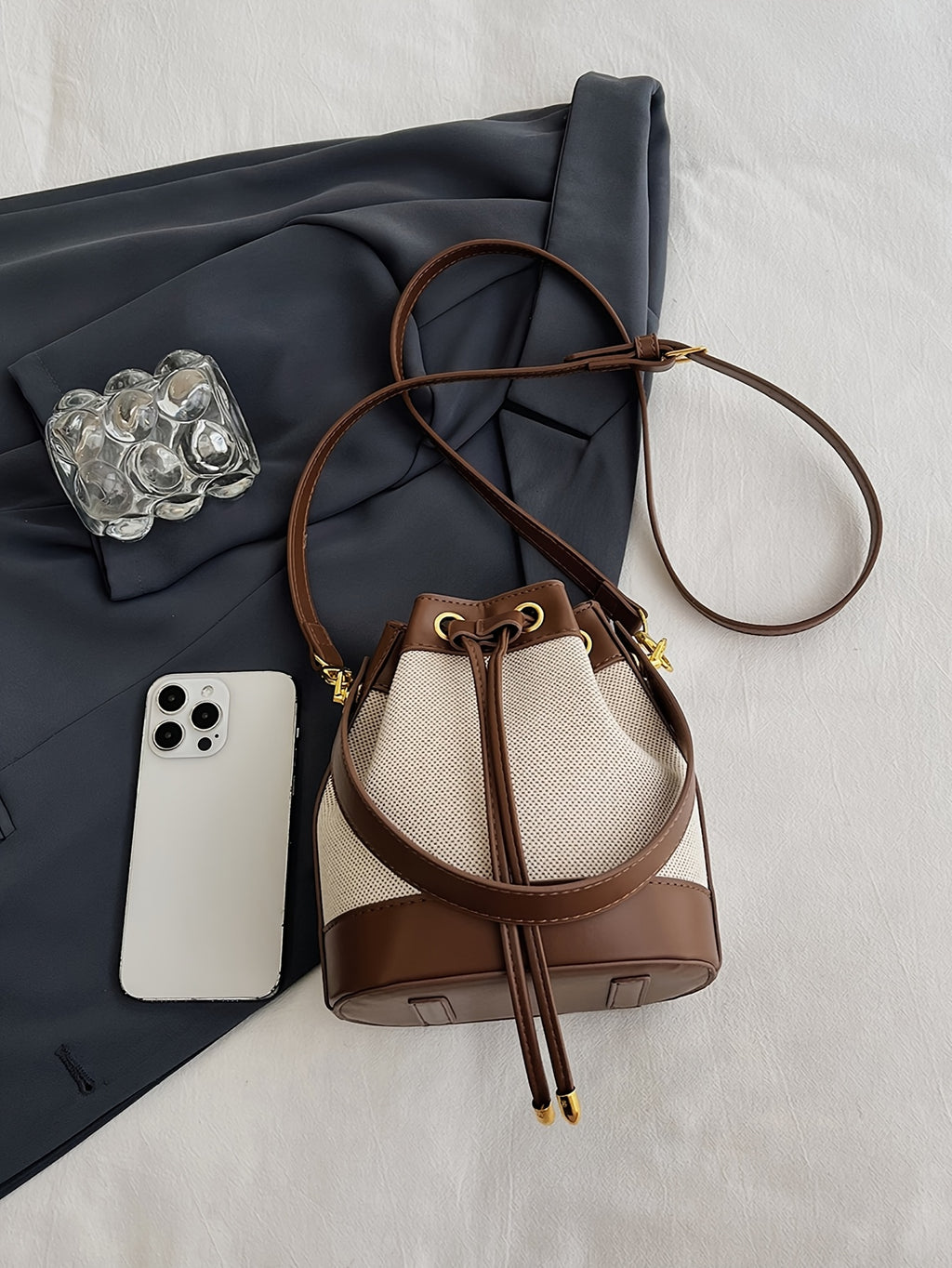 Wo 's Bucket Bag with Braided Rope Closure - Beige & Brown Casual Handbag, Detachable Strap for Shoulder   or Hand Carry, Spacious Everyday Tote for Work & Outings