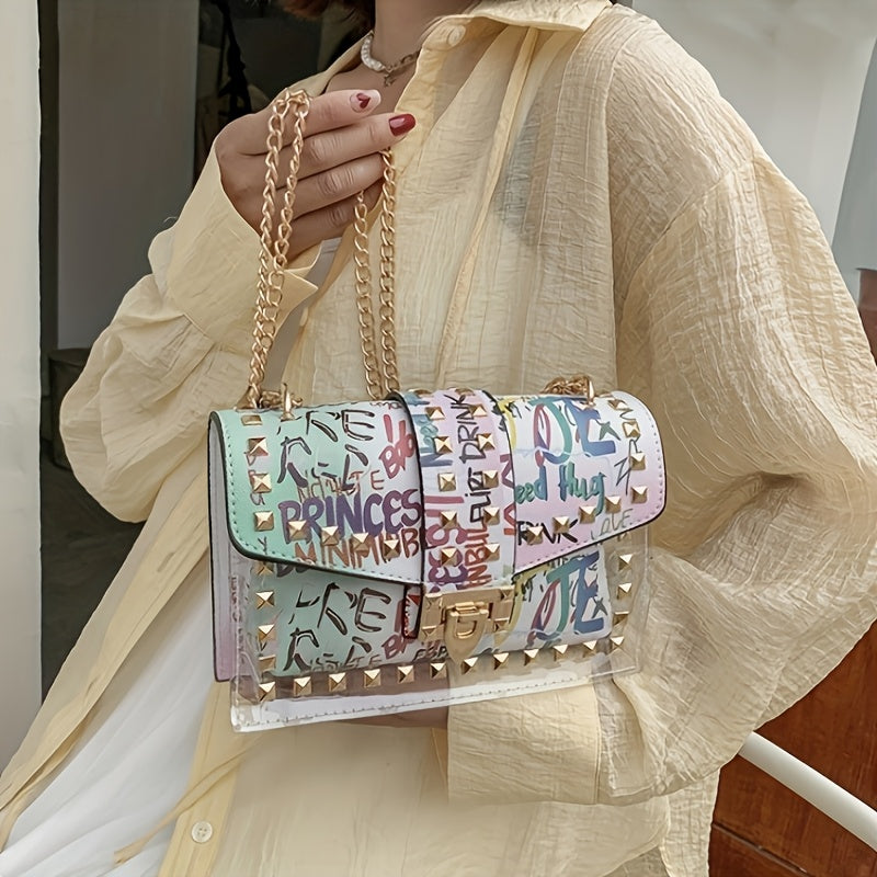 Chic Graffiti-Style Crossbody Bag, Mixed Color Transparent Shoulder Purse with Golden-Tone Hardware, Fashionable and Versatile, Secure Zip Closure, Casual Accessory|Graffiti Artistry|Goldtone Chain, Small Crossbody Bag