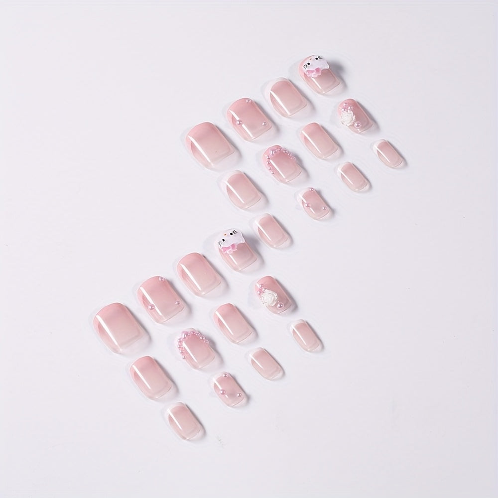 24pcs for hello kitty Nail Stickers - Cute Cartoon Design, Glossy Finish, Removable Press-On Nails for Manicure & Pedicure, Perfect for Hand & Foot Care, Nail Art Supplies | Cartoon Nail Art | Glossy Finish Nails, Nail Decora