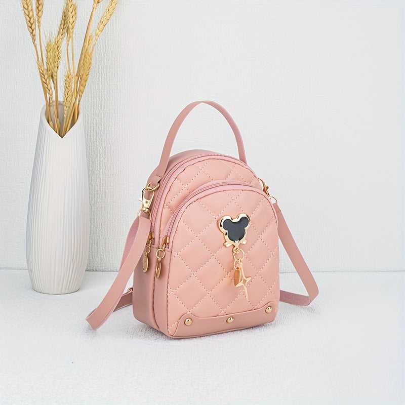 s Rhombus Backpack, Golden-Tone Hardware - Black/Pink/White, Mouse Pad Keychain Lock Compatible, Durable Adjustable Strap & Zipper Closure, Golden-Tone Plaque for Keys, Casual Handbag for Travel, Everyday Use (Poly, for Teena