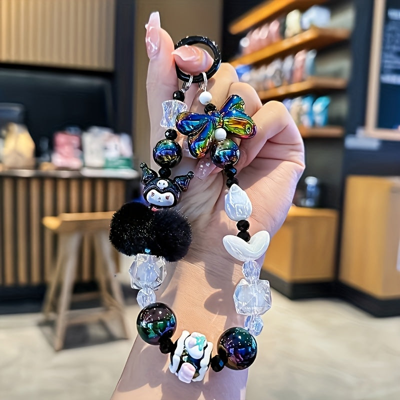 Sanrio Licensed Mobile Phone Lanyard Wrist Strap - Pastel Pink/Purple Multi-Bead Design with Bow/Tulip/Cartoon Avatar/Square Beads & Fluffy Ball Decor, Cute Sanrio Cartoon Doll Charm for Daily Commute/Shopping/Gifting (Girls'