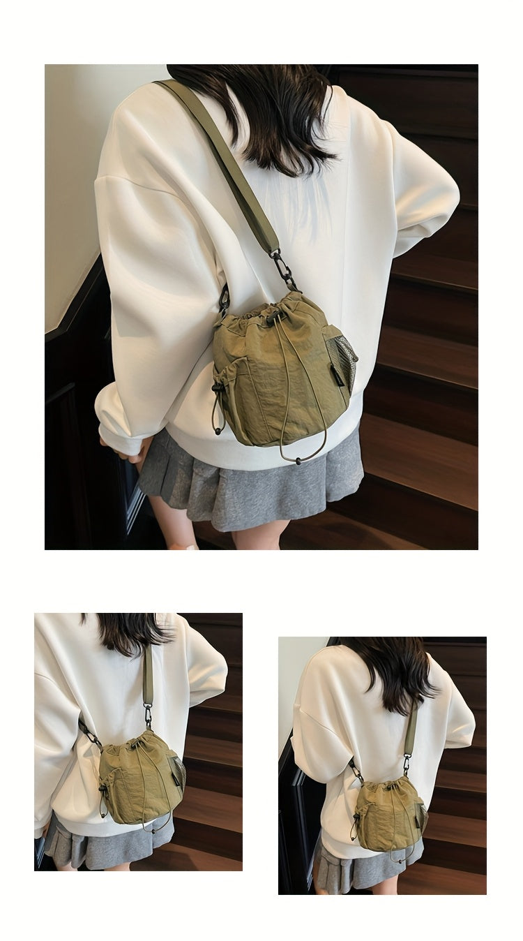 Women's Lightweight Crossbody Bag, Convertible Clutch Purse with Adjustable Strap, Drawstring Closure, Side Mesh Pocket, Compact Everyday Bag for Women, Travel, Work, Dates, Available in Purple, Black, Green, Blue, Khaki, Ide