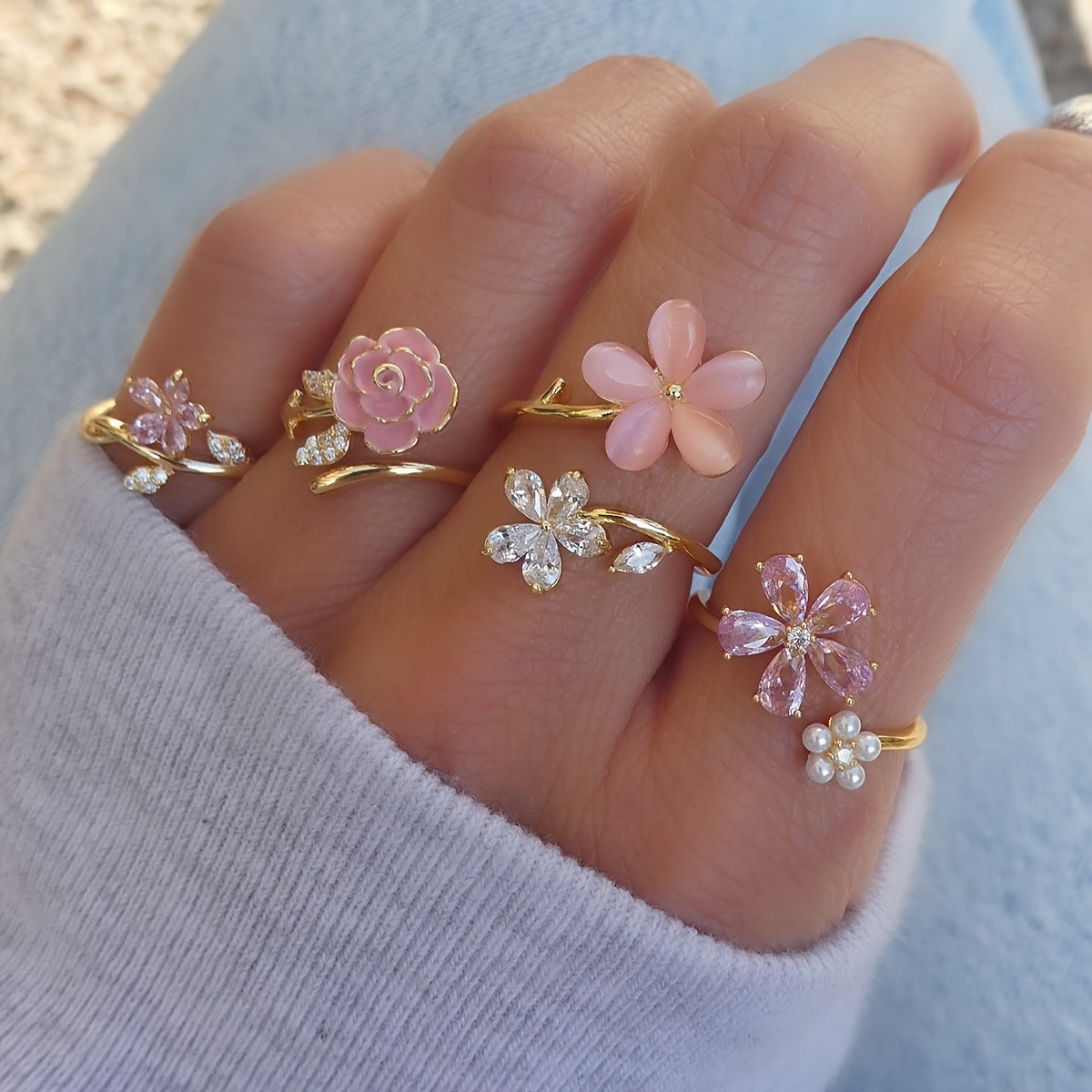 4pcs Set of Alloy Water Artificial Pearl Glazed Layered Rings. Fashionable Elegant Sexy Floral Pink Series, Water Artificial Pearl Sexy Flower Wedding