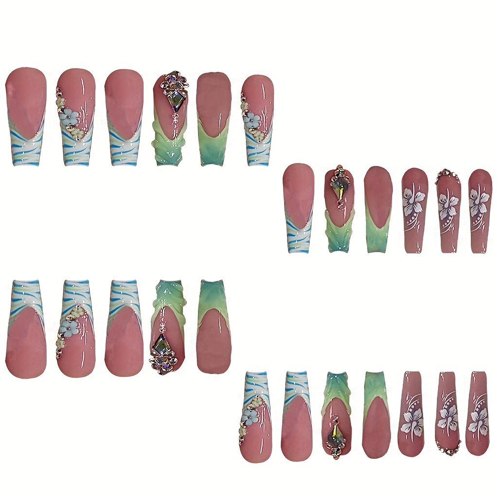 A Set of 24 Press-On Fake Nails Featuring Green 3D Flowers And Rhinestones, Along with Long Ballet-Shaped Nails in Green French Stripes. These Stylish Press-On Nails Come with a Nail File And Jelly Glue, Suitable for Everyday